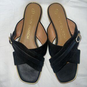 Tory Burch Delaney Flat Slide Sandals, Black Suede and Gold, Leather, Size 8.5
